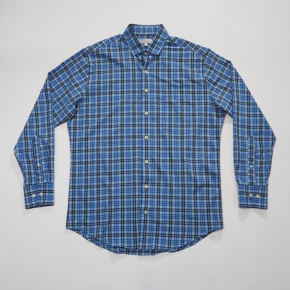 Peter Millar Shirt Mens Medium Blue Plaid Summer Comfort Button Down Performance